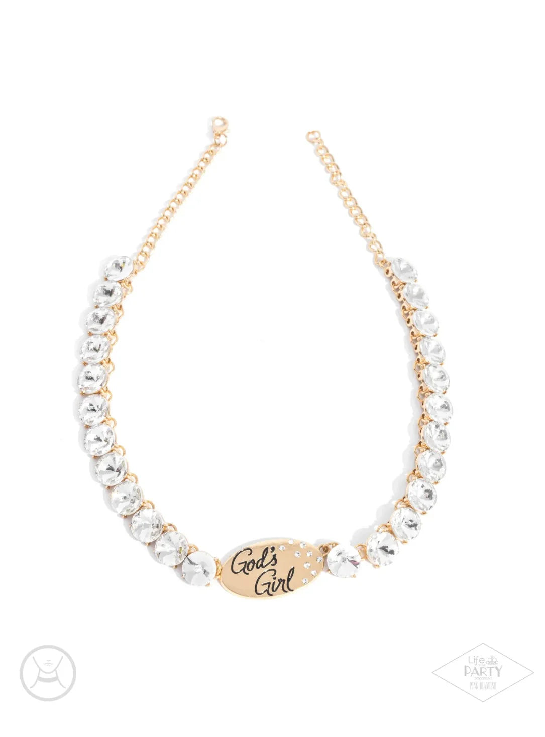 God's Girl - Gold White Gem and Pendant Choker Necklace - Life of the Party Pink Diamond Exclusive
