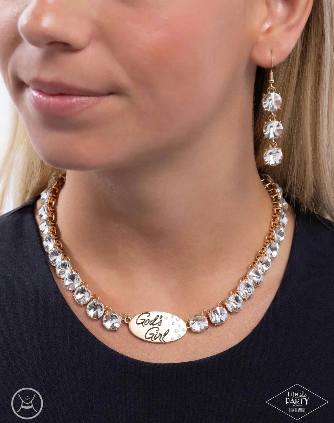 God's Girl - Gold White Gem and Pendant Choker Necklace - Life of the Party Pink Diamond Exclusive