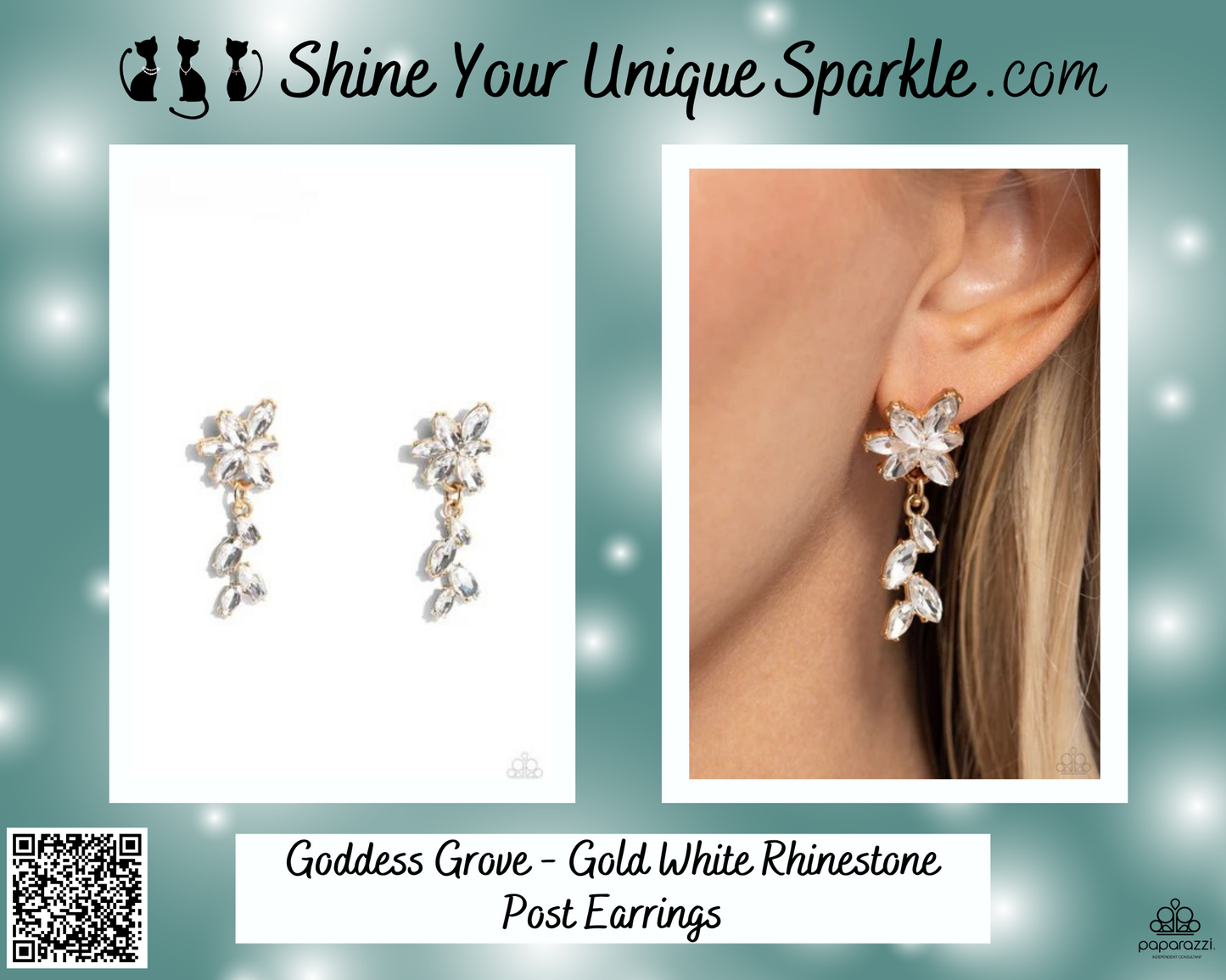 Goddess Grove - Gold White Rhinestone Post Earrings