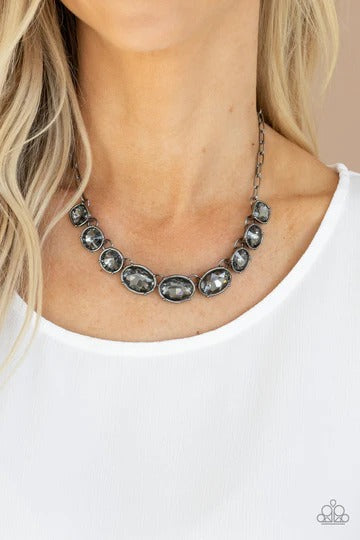 Gorgeously Glacial - Black Gunmetal Smoky Rhinestone Short Necklace