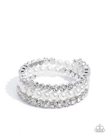 Grandiose Glitz - White Rhinestone Pearl Silver Coil Bracelet - Life of the Party