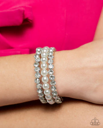 Grandiose Glitz - White Rhinestone Pearl Silver Coil Bracelet - Life of the Party