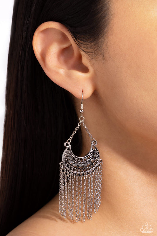 Greco Goddess - Silver Hematite Rhinestone Fringe Earrings