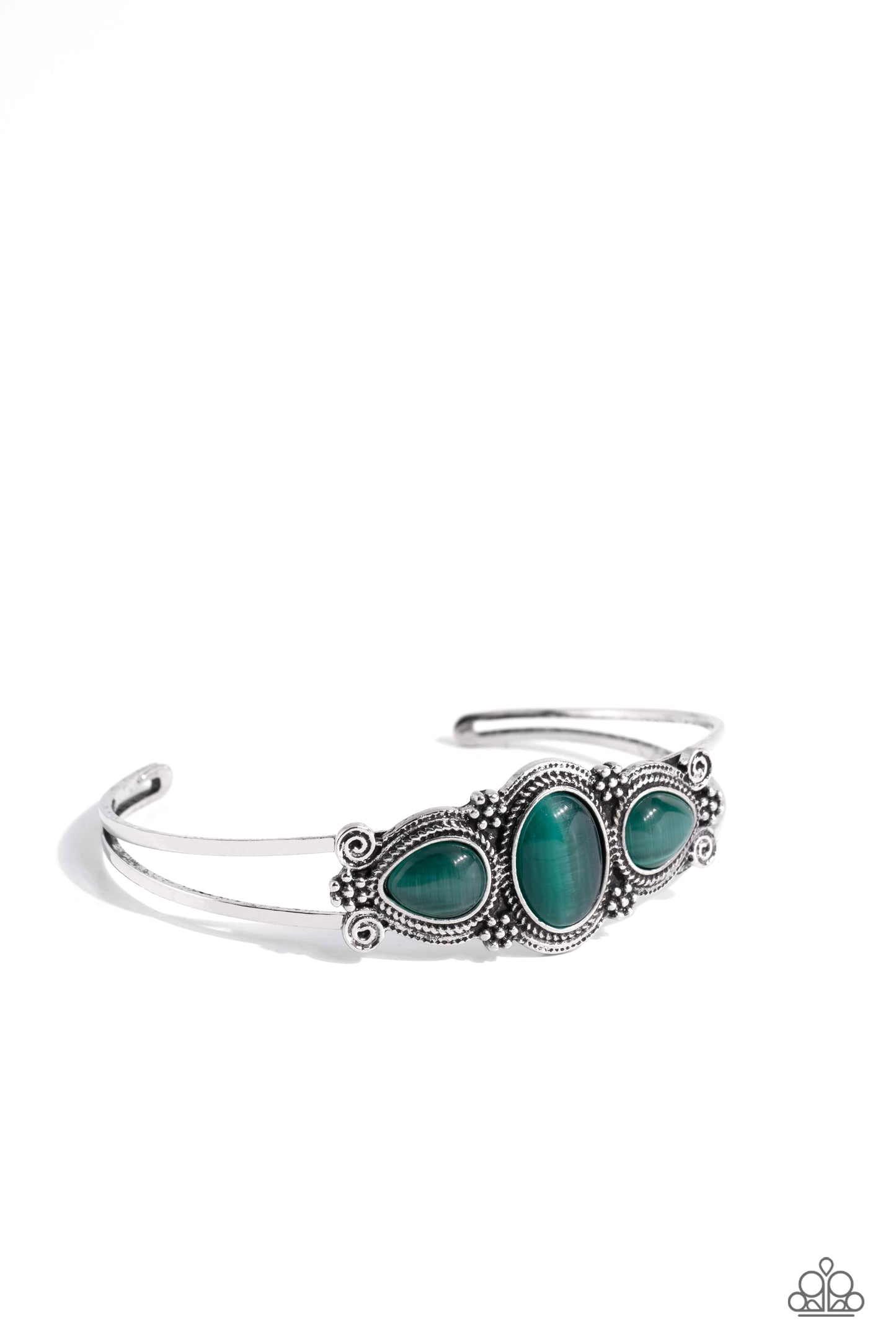 Greenhouse Glamour - Green Cat's Eye Silver Cuff Bracelet