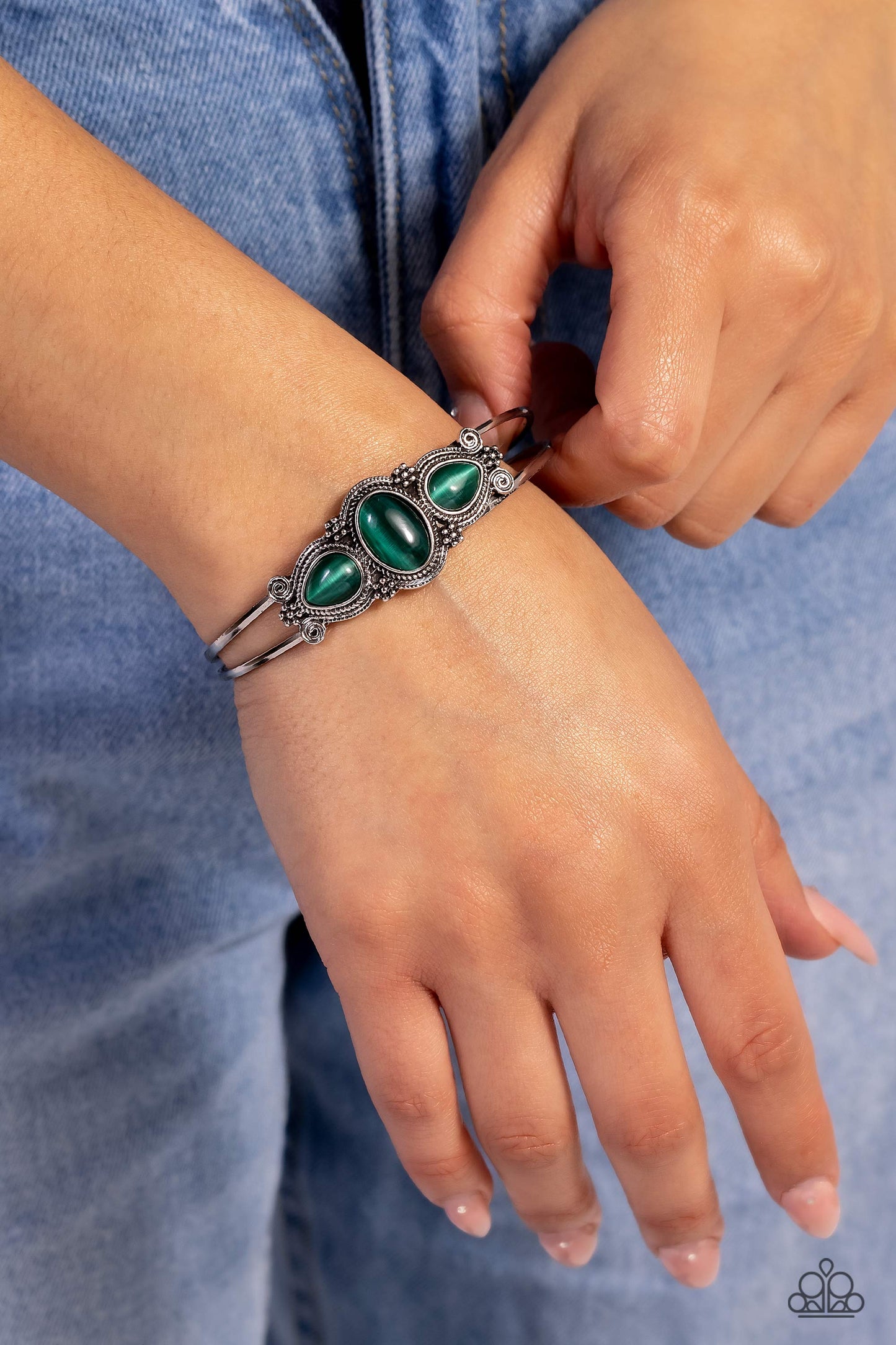 Greenhouse Glamour - Green Cat's Eye Silver Cuff Bracelet