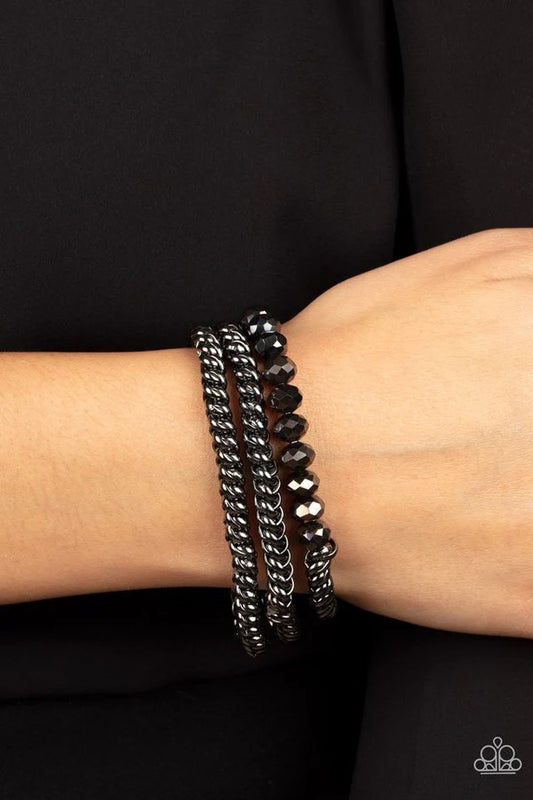 Gutsy and Glitzy - Black Gunmetal Chain and Bead Stretchy Bracelet Set