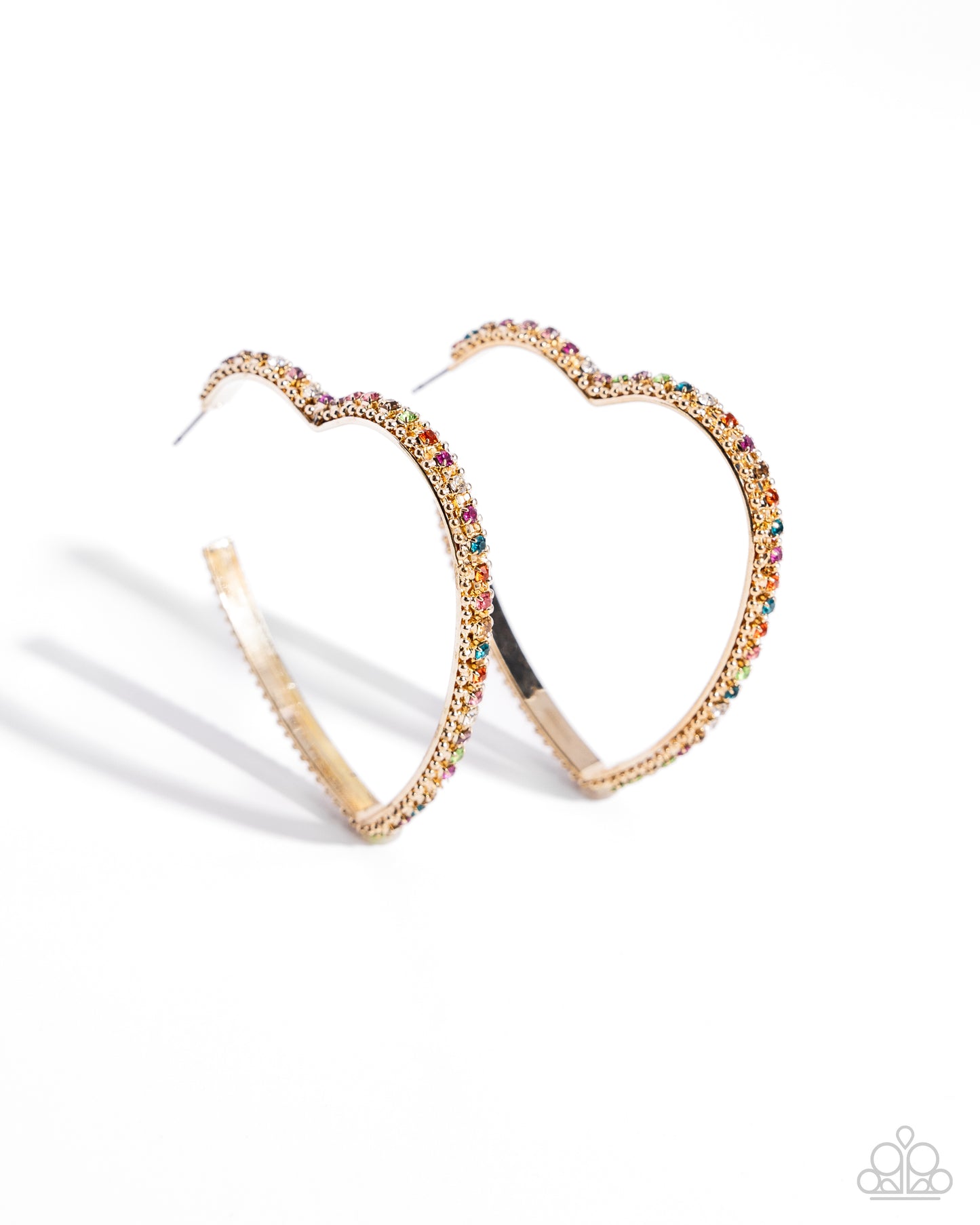 Halftime Hearts - Multi Color Rhinestone Gold Heart Hoop Earrings