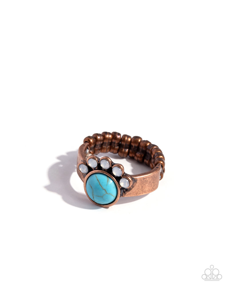 Havasu Haven - Blue Turquoise Crackle Stone Opalescent Rhinestones Copper Ring