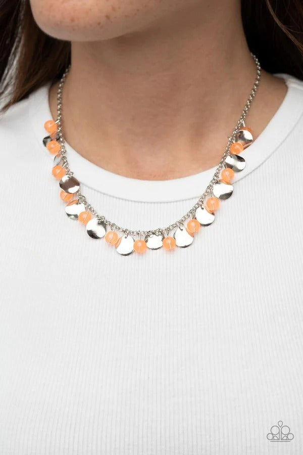 Having a Wonderful CHIME - Silver Discs Orange Beads Silver Short Necklace