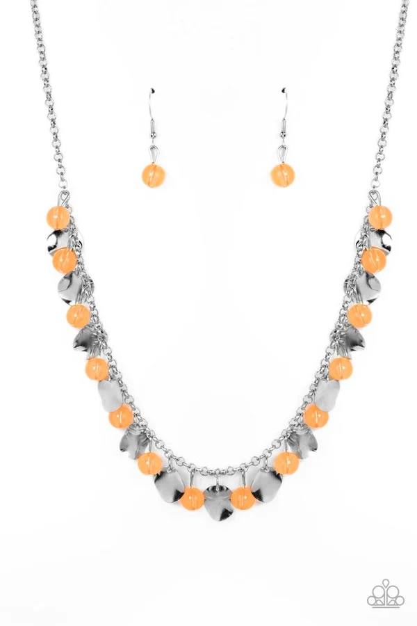 Having a Wonderful CHIME - Silver Discs Orange Beads Silver Short Necklace