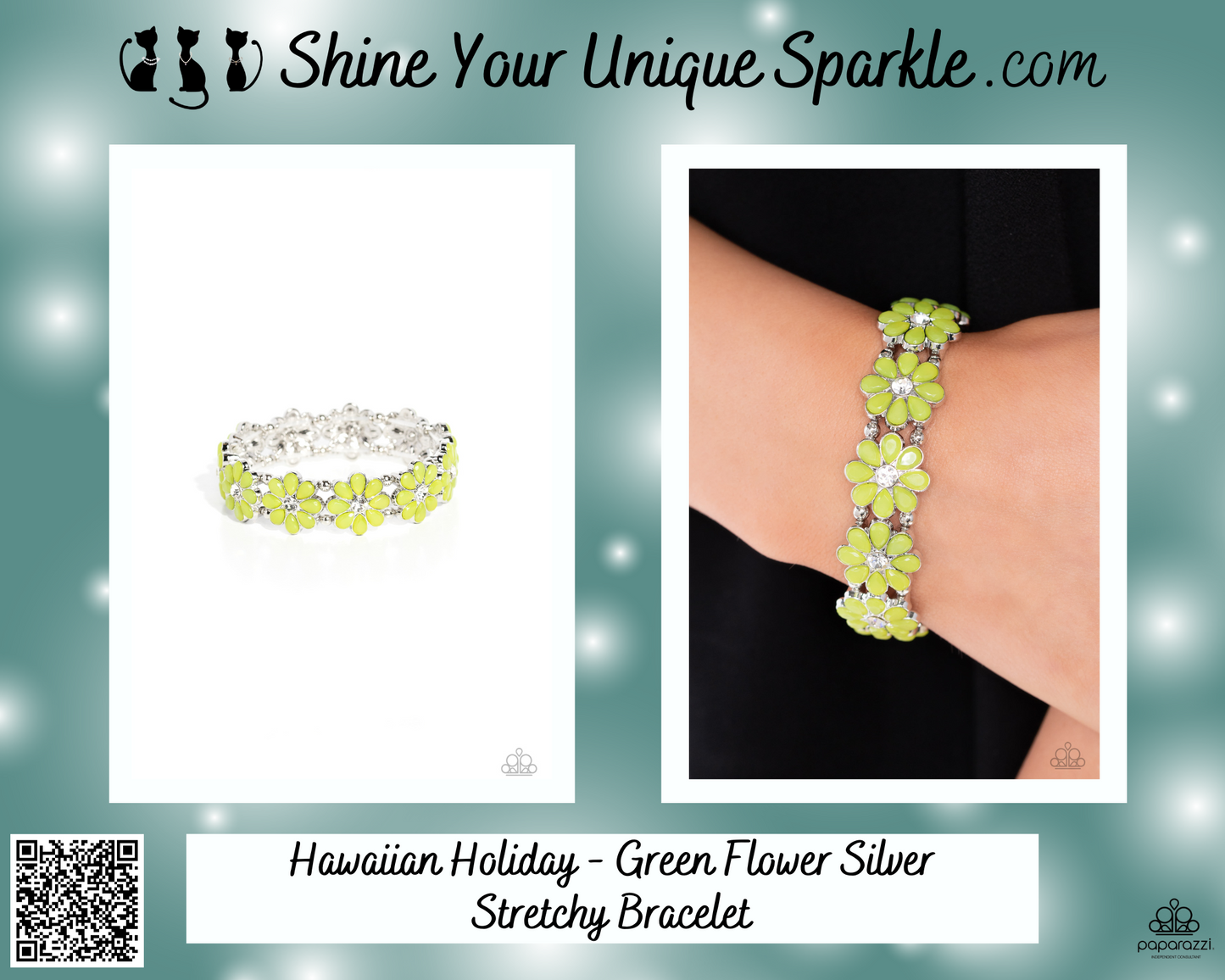 Hawaiian Holiday - Green Flower Silver Stretchy Bracelet