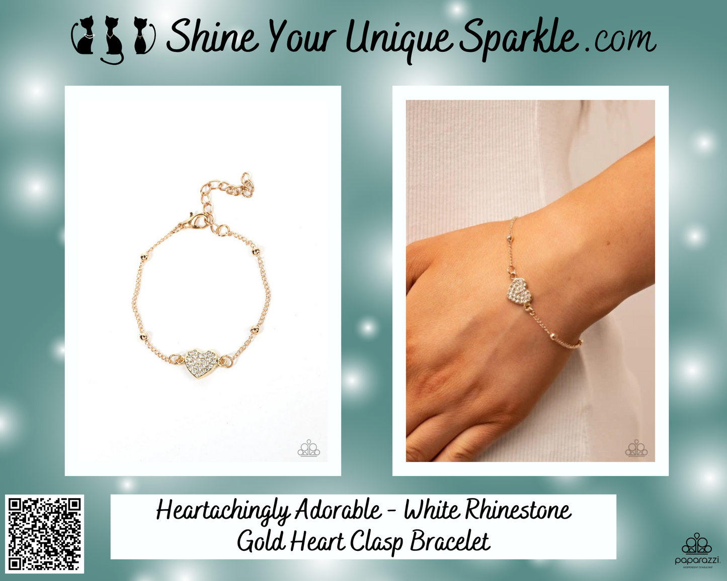 Heartachingly Adorable - White Rhinestone Gold Heart Clasp Bracelet