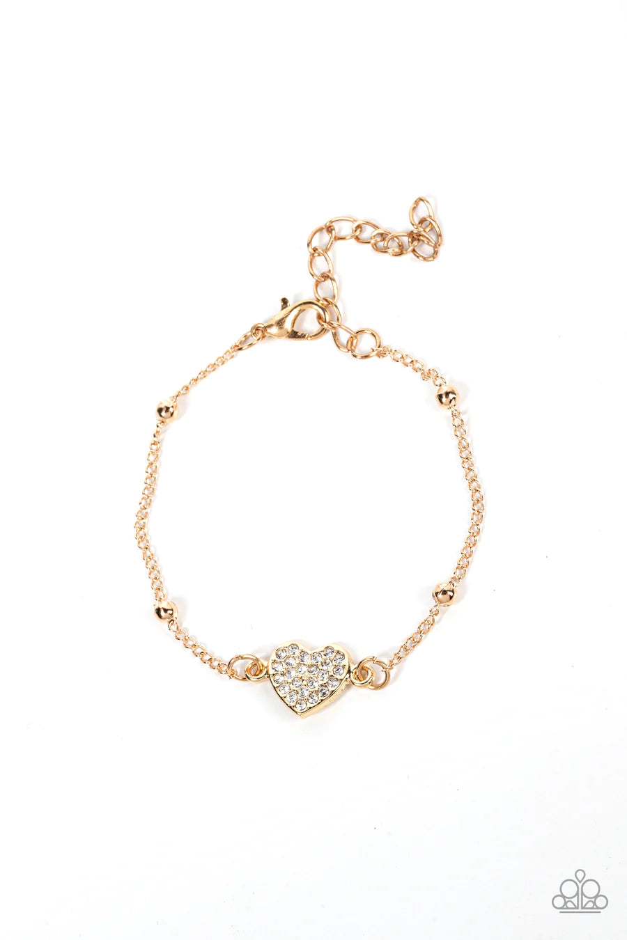 Heartachingly Adorable - White Rhinestone Gold Heart Clasp Bracelet