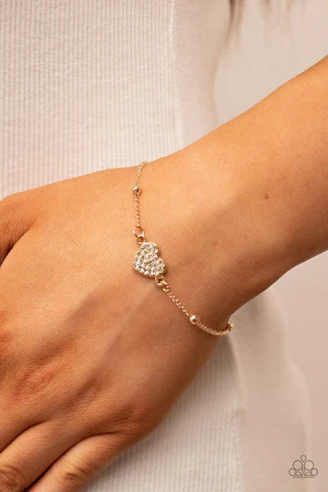 Heartachingly Adorable - White Rhinestone Gold Heart Clasp Bracelet