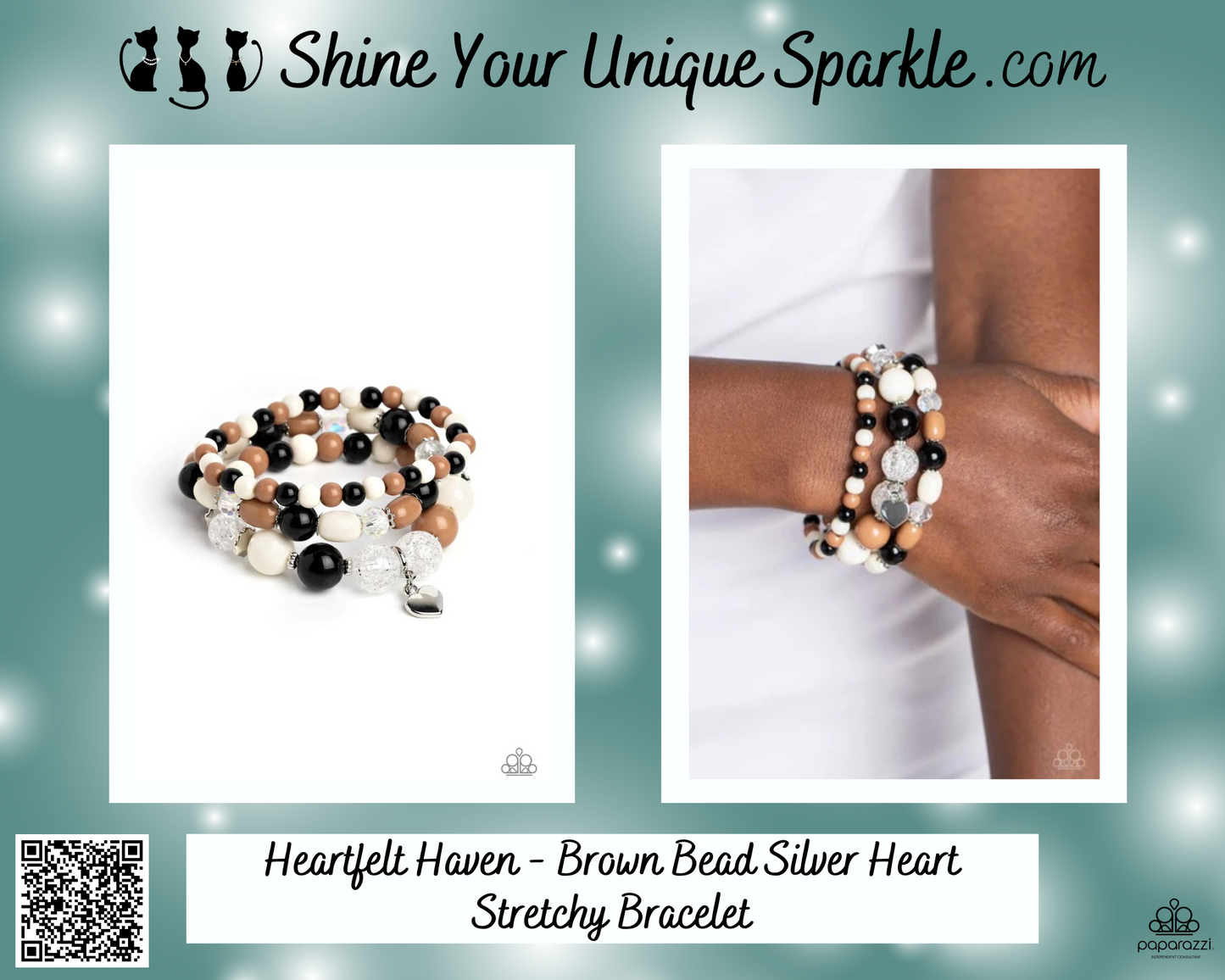 Heartfelt Haven - Brown Bead Silver Heart Stretchy Bracelet