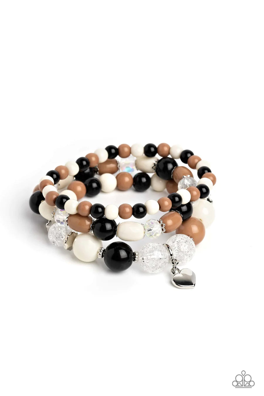 Heartfelt Haven - Brown Bead Silver Heart Stretchy Bracelet