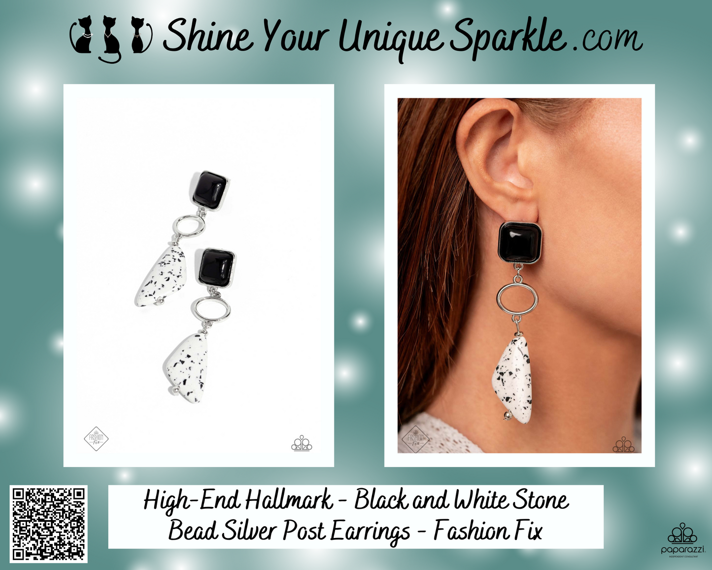 High-End Hallmark - Black and White Stone Bead Silver Post Earrings - Fashion Fix