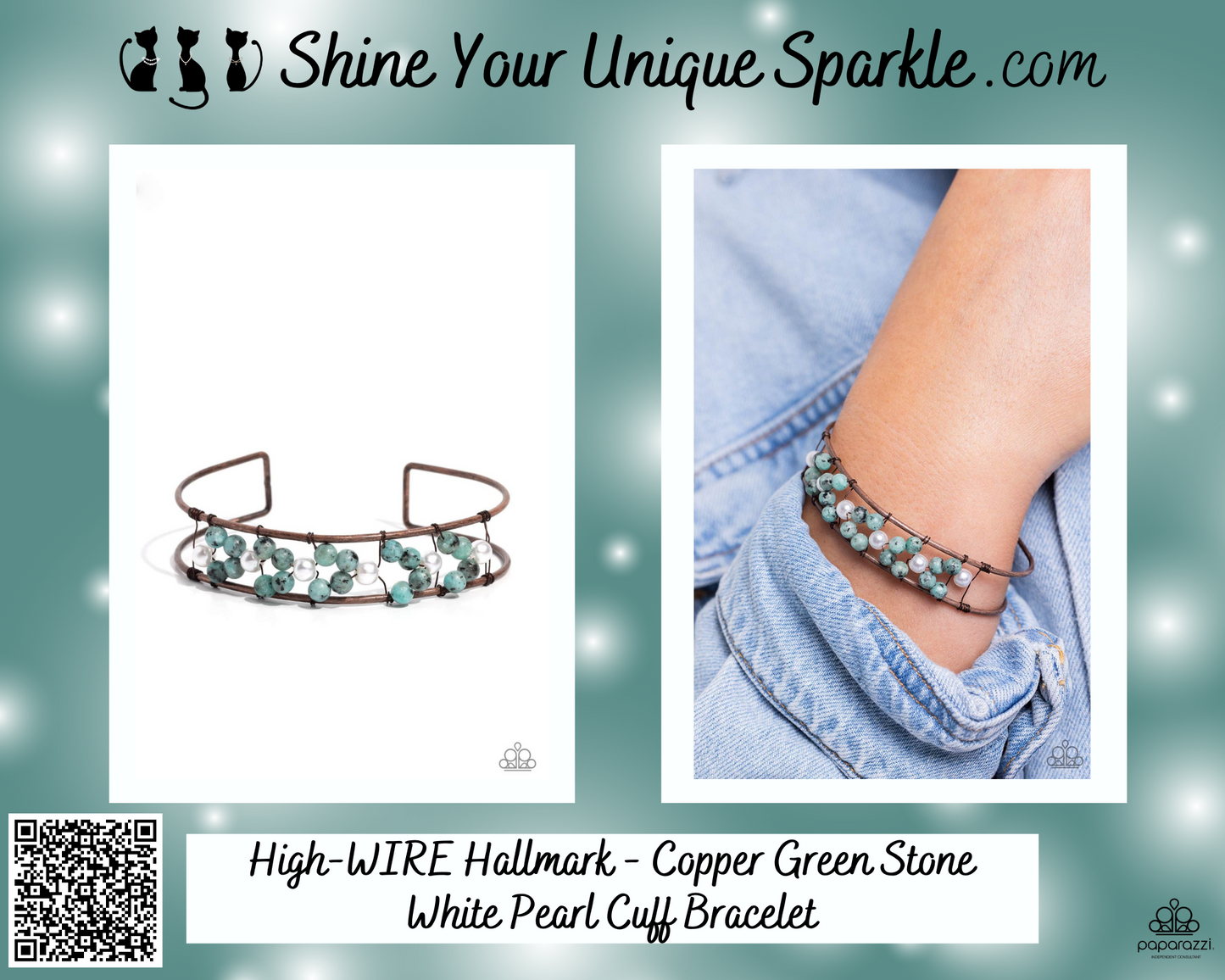 High-WIRE Hallmark - Copper Green Stone White Pearl Cuff Bracelet