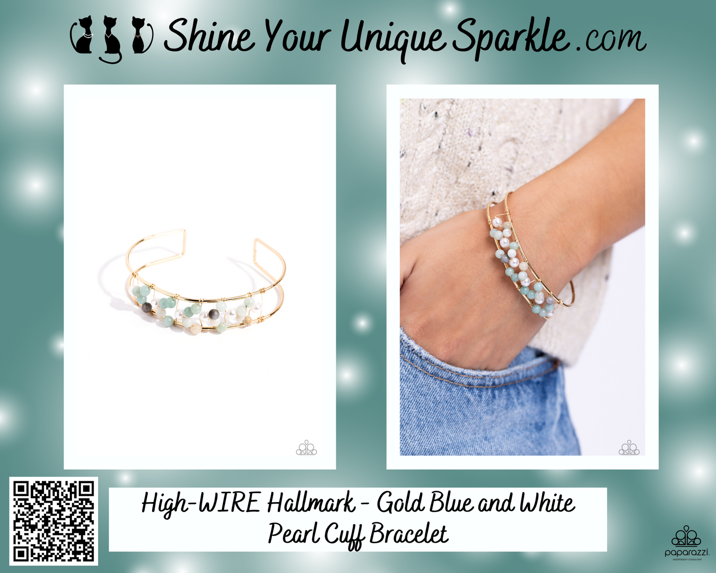 High-WIRE Hallmark - Gold Blue and White Pearl Cuff Bracelet