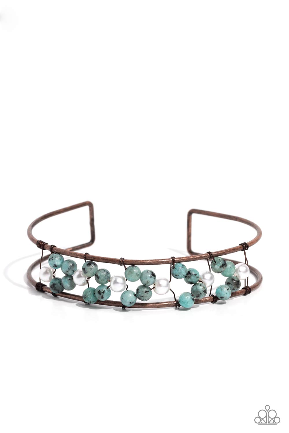 High-WIRE Hallmark - Copper Green Stone White Pearl Cuff Bracelet