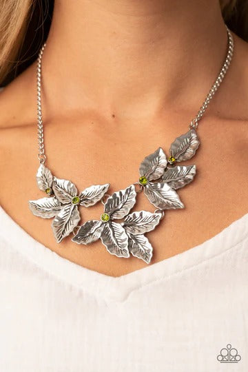 Holly Heiress - Green Rhinestone Silver Leaf Short Necklace