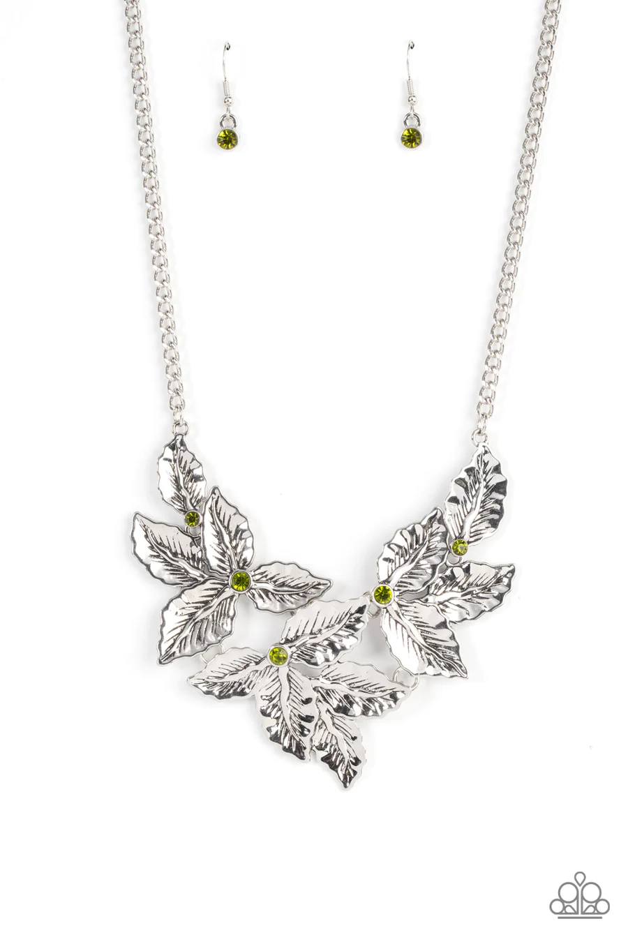 Holly Heiress - Green Rhinestone Silver Leaf Short Necklace