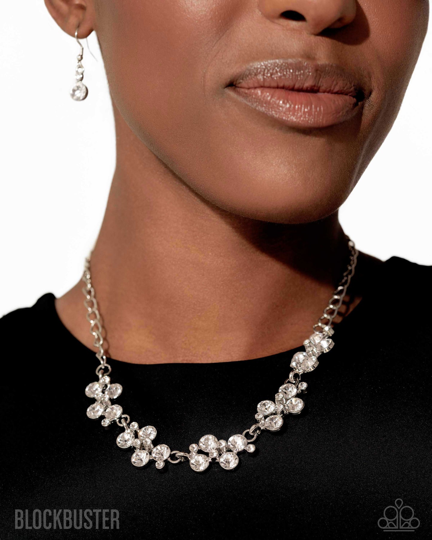 PERFECT MATCH / SET: Hollywood Hills - White Rhinestone Blockbuster Short Necklace AND Old Hollywood - White Rhinestone Silver Blockbuster Clasp Bracelet