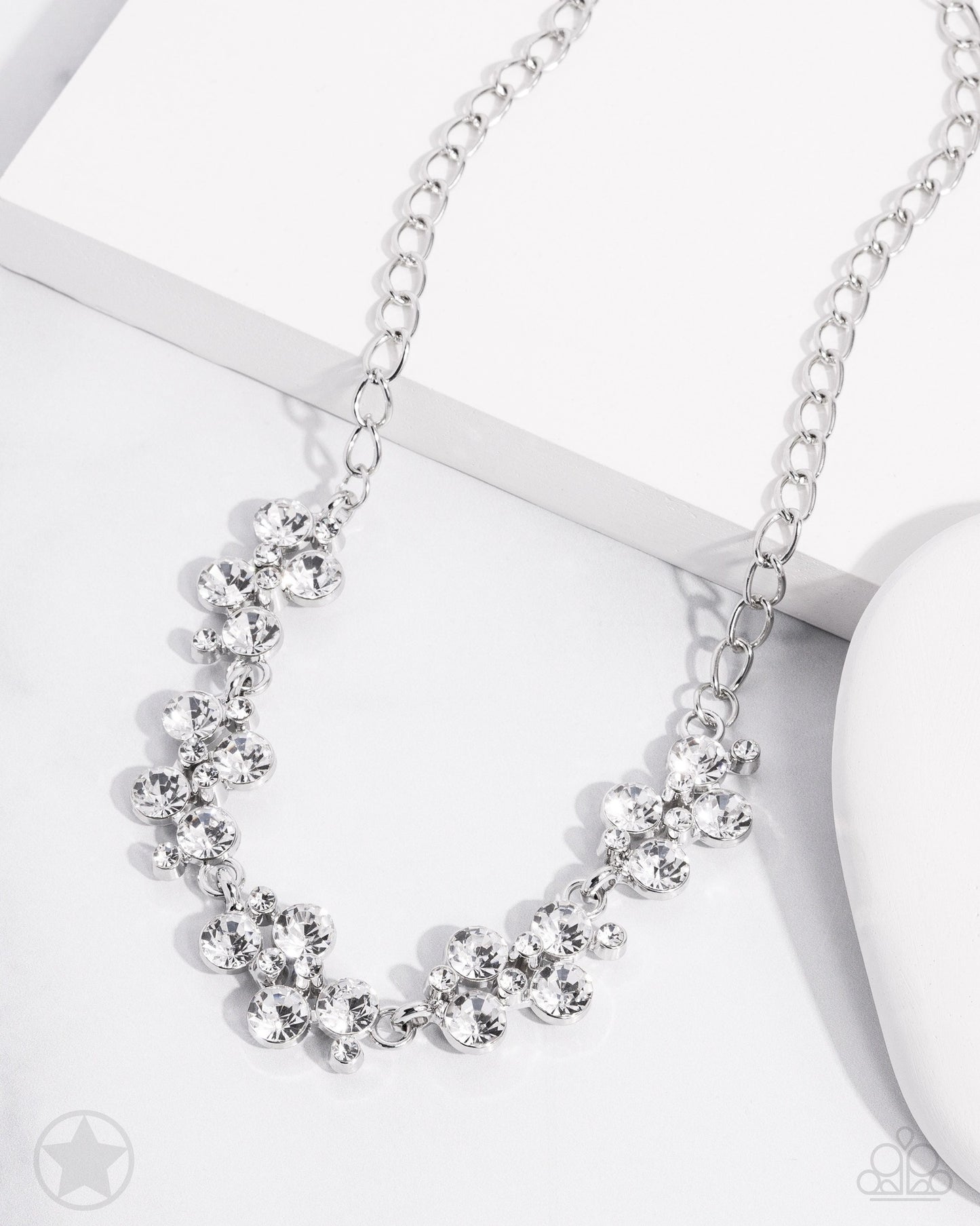 PERFECT MATCH / SET: Hollywood Hills - White Rhinestone Blockbuster Short Necklace AND Old Hollywood - White Rhinestone Silver Blockbuster Clasp Bracelet