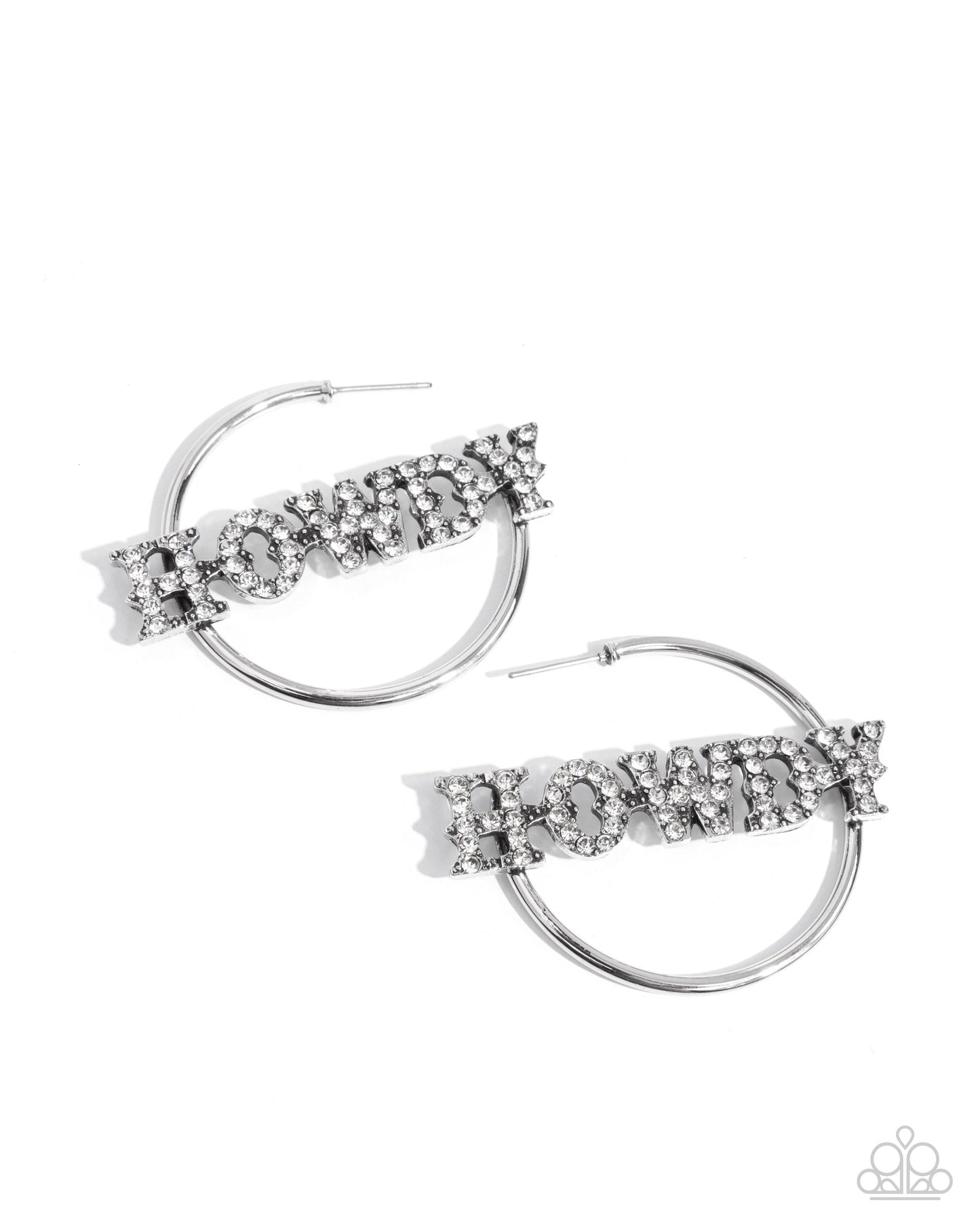 Howdy Hoedown - White Rhinestone HOWDY Western Silver Hoop Post Earrings - Life of the Party