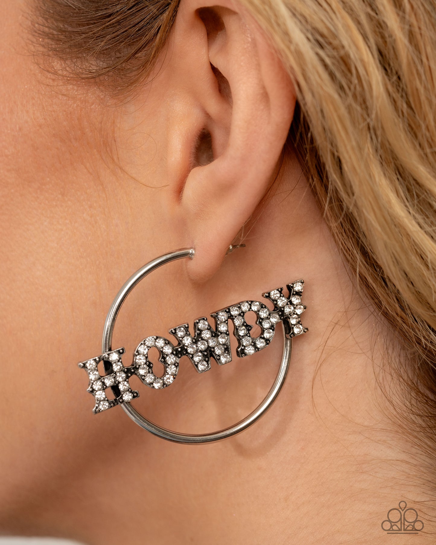 Howdy Hoedown - White Rhinestone HOWDY Western Silver Hoop Post Earrings - Life of the Party