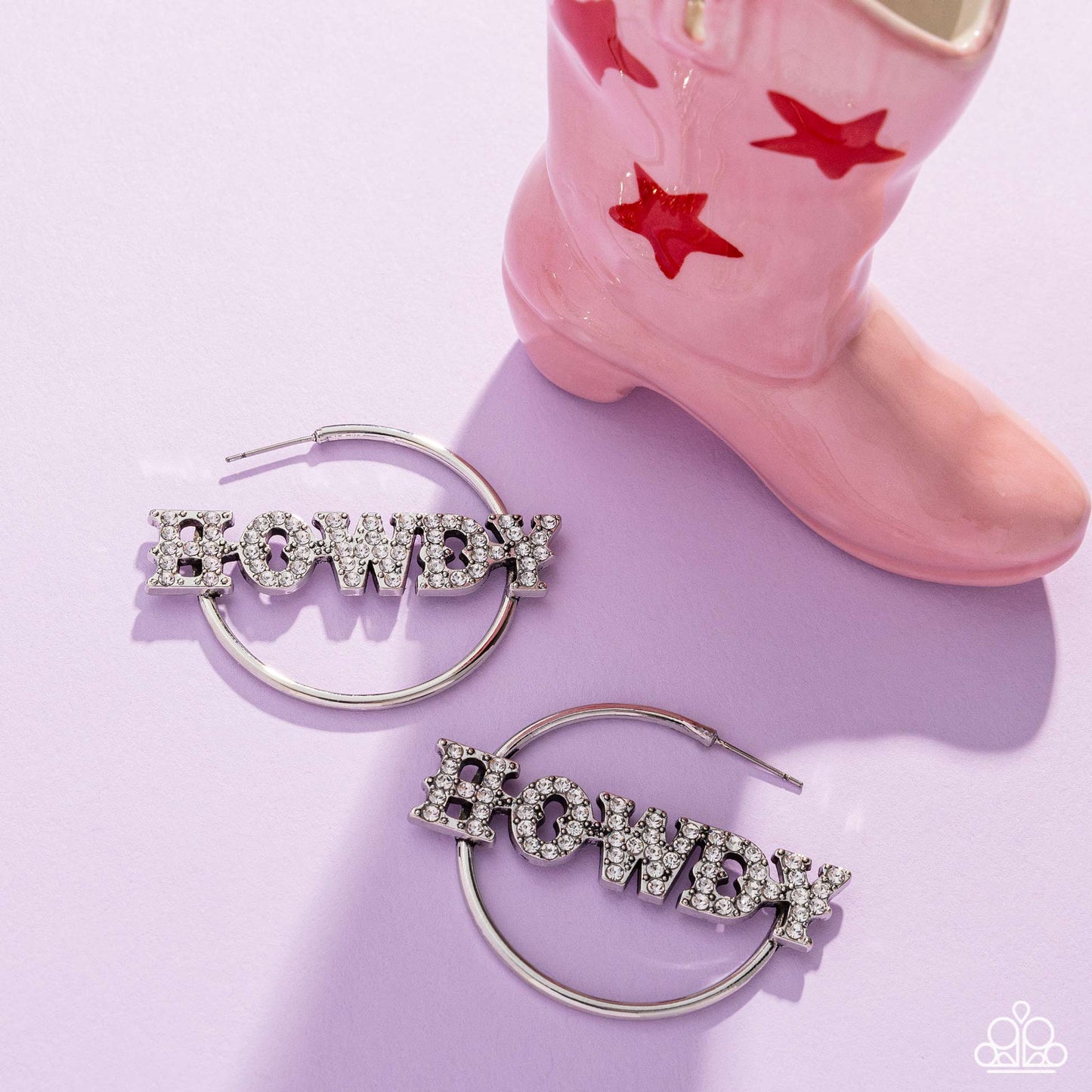 Howdy Hoedown - White Rhinestone HOWDY Western Silver Hoop Post Earrings - Life of the Party