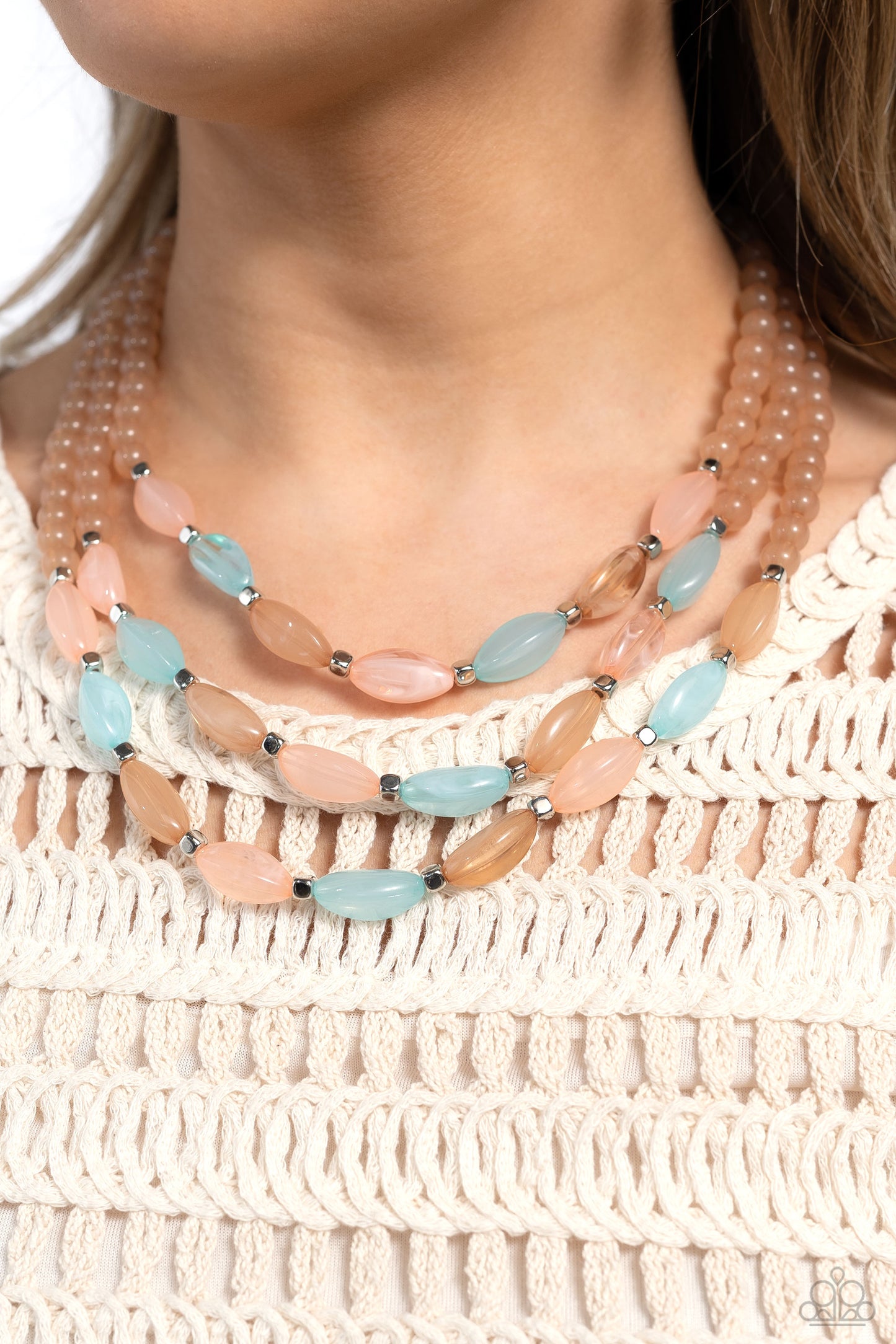 I BEAD You Now - Multi, Blue, Peach, and Pink Bead, Silver Accent Layered Short Necklace