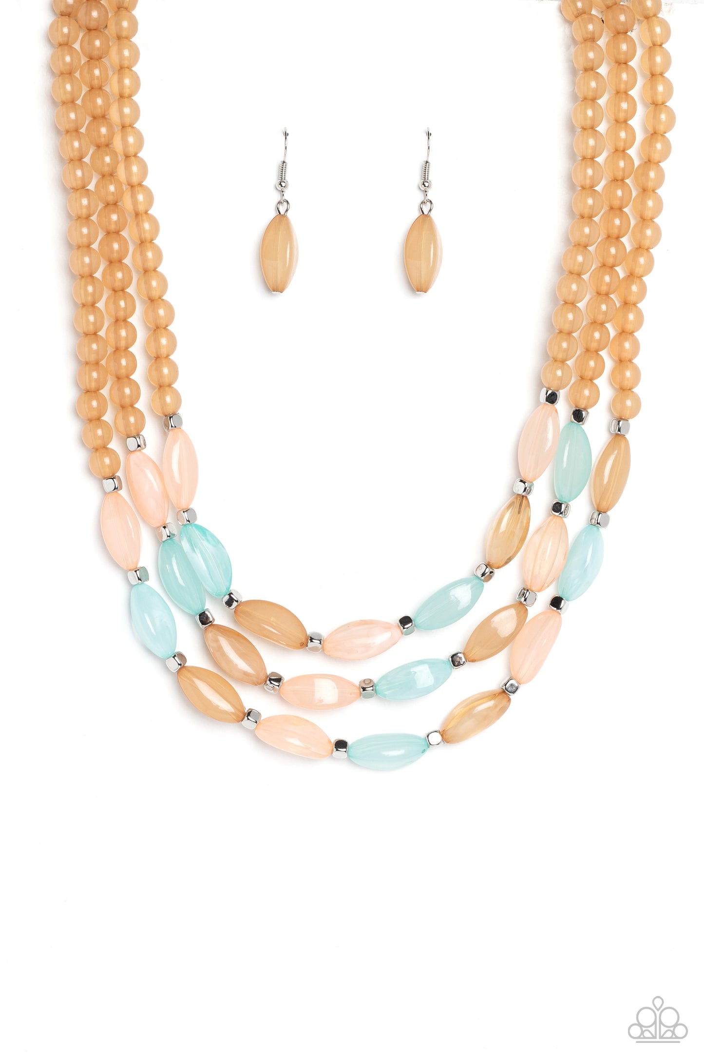 PERFECT MATCH / SET: I BEAD You Now - Multi, Blue, Peach, and Pink Bead, Silver Accent Layered Short Necklace AND BEAD Drill - Multi, Blue, Peach, and Pink Bead, Silver Accent Stretchy Bracelet