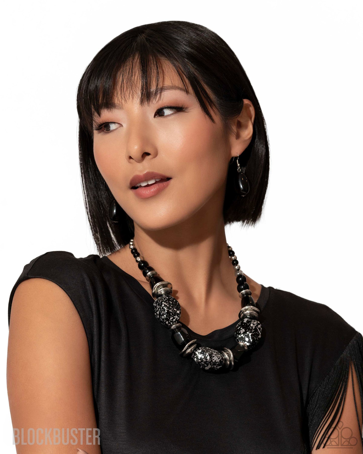 PERFECT MATCH / SET: In Good Glazes - Black Chunky Bead Blockbuster Short Necklace and  Glaze of Glory - Black Chunky Bead Blockbuster Stretchy Bracelet