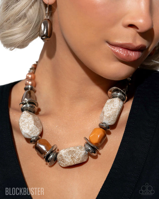 In Good Glazes - Peach / Chestnet Brown Chunky Bead Blockbuster Short Necklace