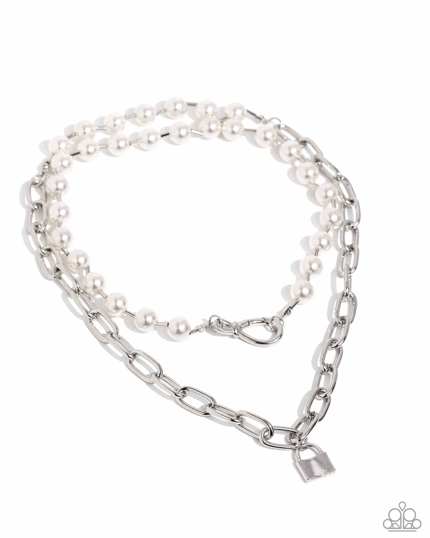 Infinite Industry - White Pearl Silver Choker and Short Silver Layered Necklace with a Padlock Charm - Life of the Party