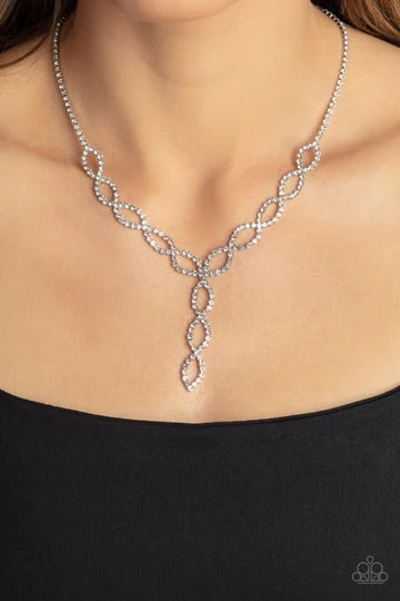 Infinitely Icy - White Rhinestone Y Silver Short Necklace