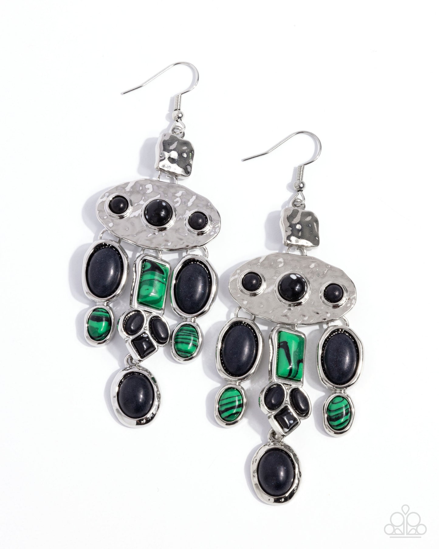 Inspired Interval - Black Stone, Green-Striped Stone Silver Oval Fishhook Earrings