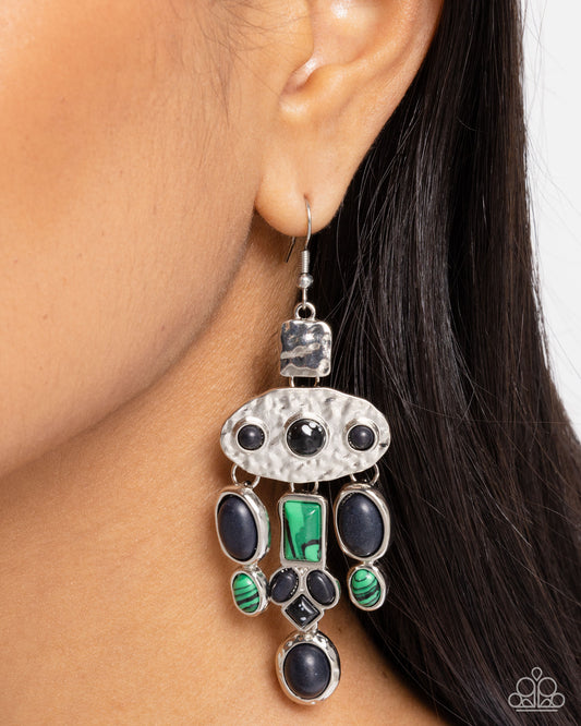 Inspired Interval - Black Stone, Green-Striped Stone Silver Oval Fishhook Earrings