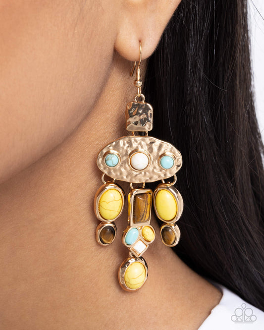 Inspired Interval - Yellow White Turquoise Crackle Stone Gold Oval Fishhook Earrings