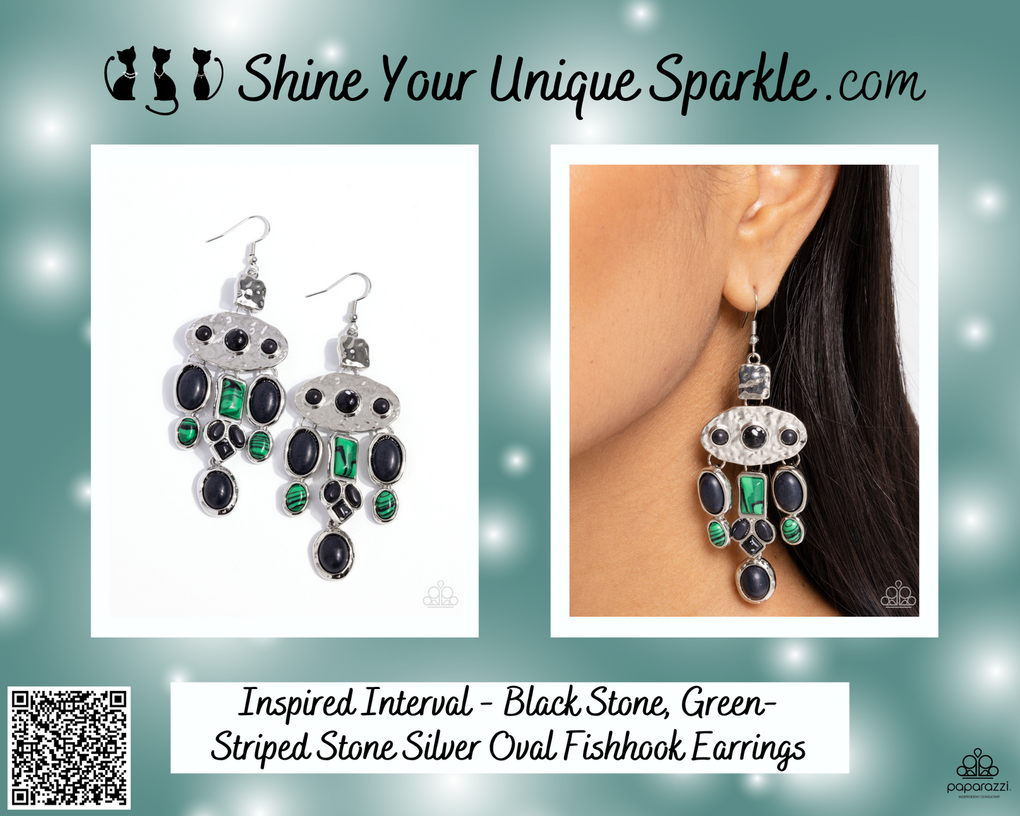 Inspired Interval - Black Stone, Green-Striped Stone Silver Oval Fishhook Earrings