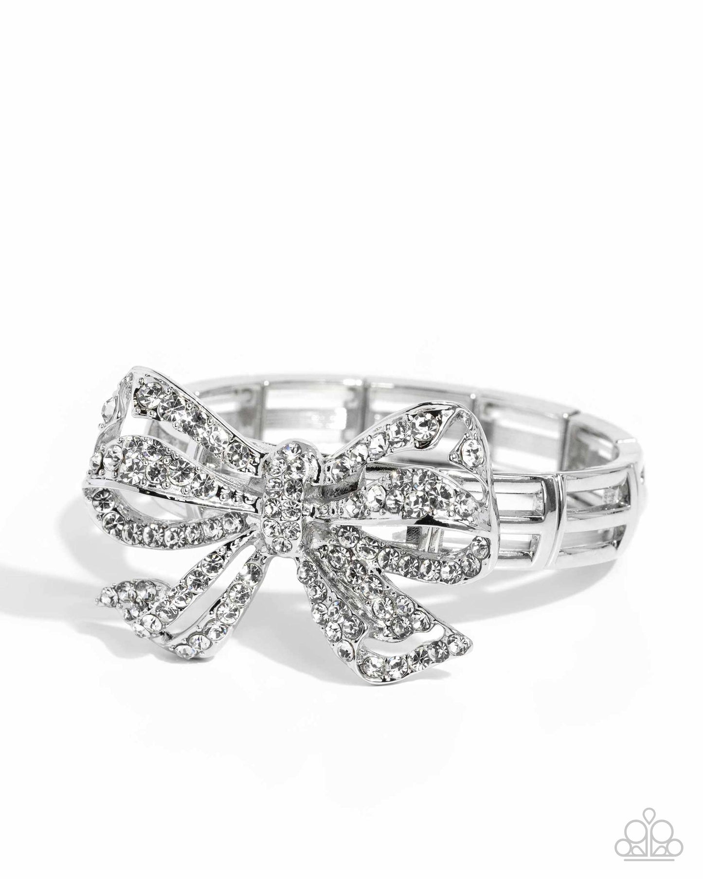 It's All A-BOW-t Me - White Rhinestone Silver Bow Stretch Bracelet - Life of the Party