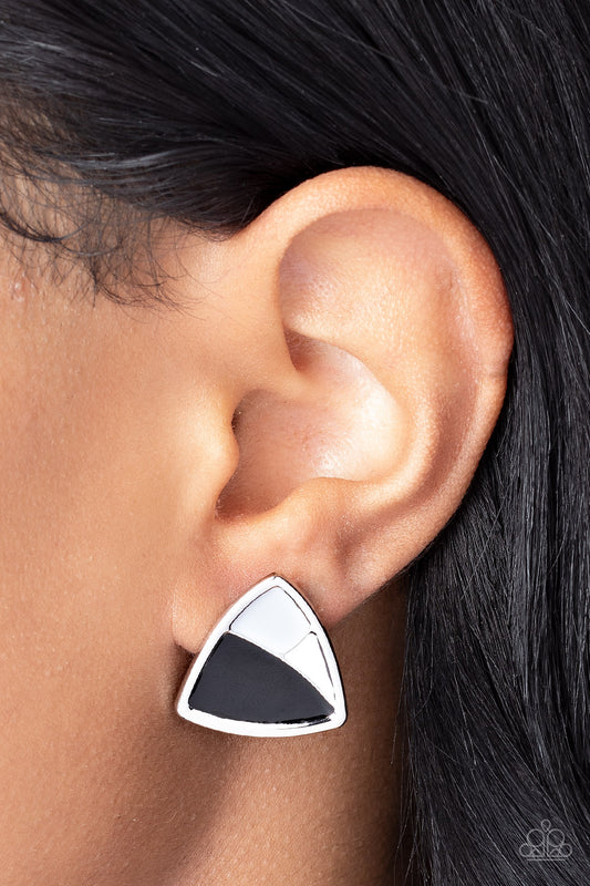 Kaleidoscopic Collision - Black Gray and White Silver Triangle Post Earrings