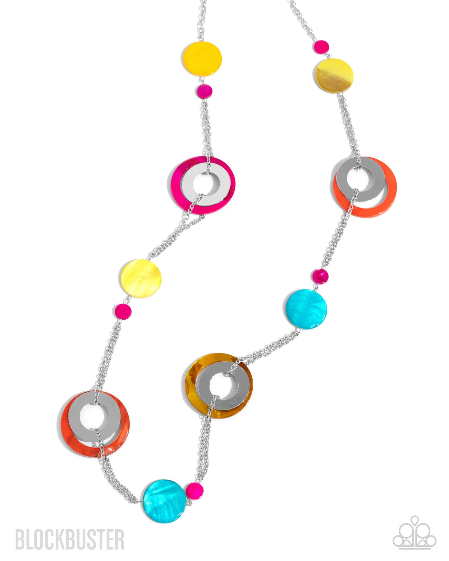Kaleidoscopically Captivating - Multi Yellow Orange and Pink Acrylic Disc Long Silver Necklace