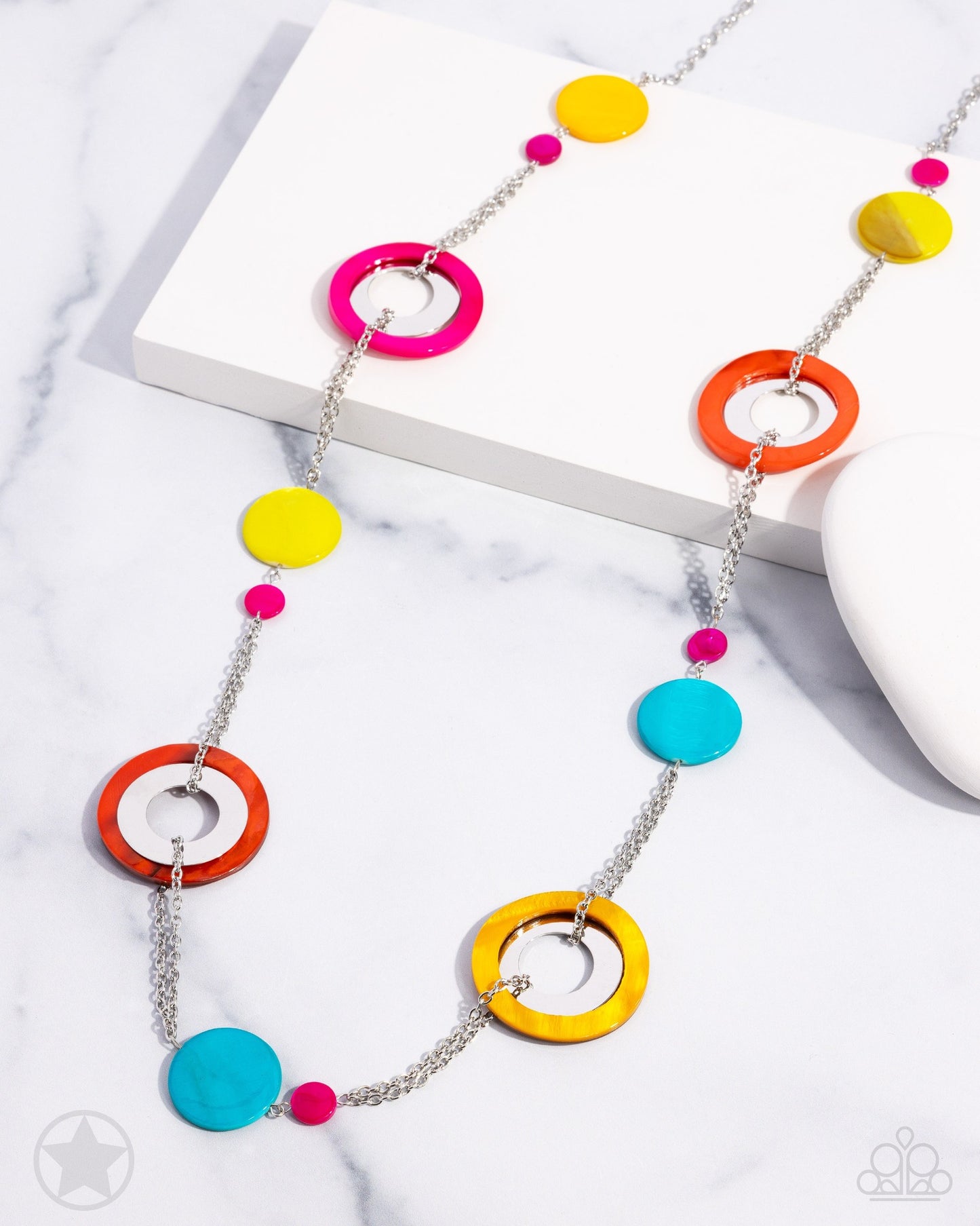 Kaleidoscopically Captivating - Multi Yellow Orange and Pink Acrylic Disc Long Silver Necklace