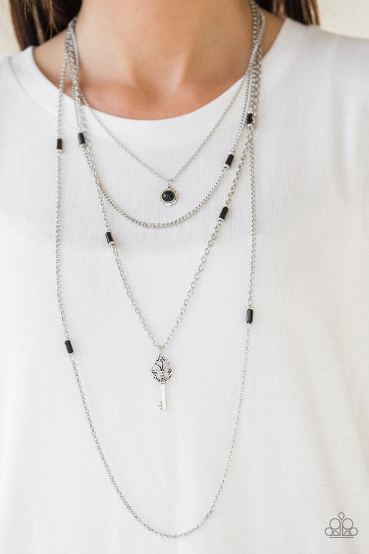 Key Keynote - Black Bead Silver Key Layered Long Necklace