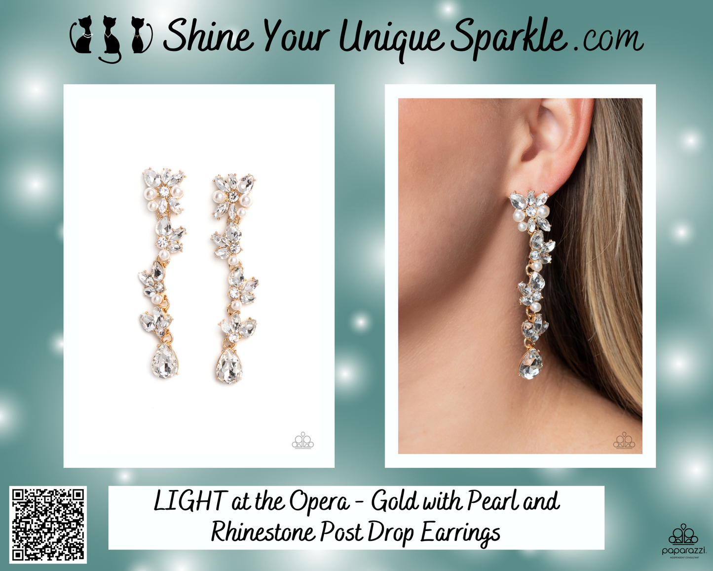 LIGHT at the Opera - Gold with Pearl and Rhinestone Post Drop Earrings