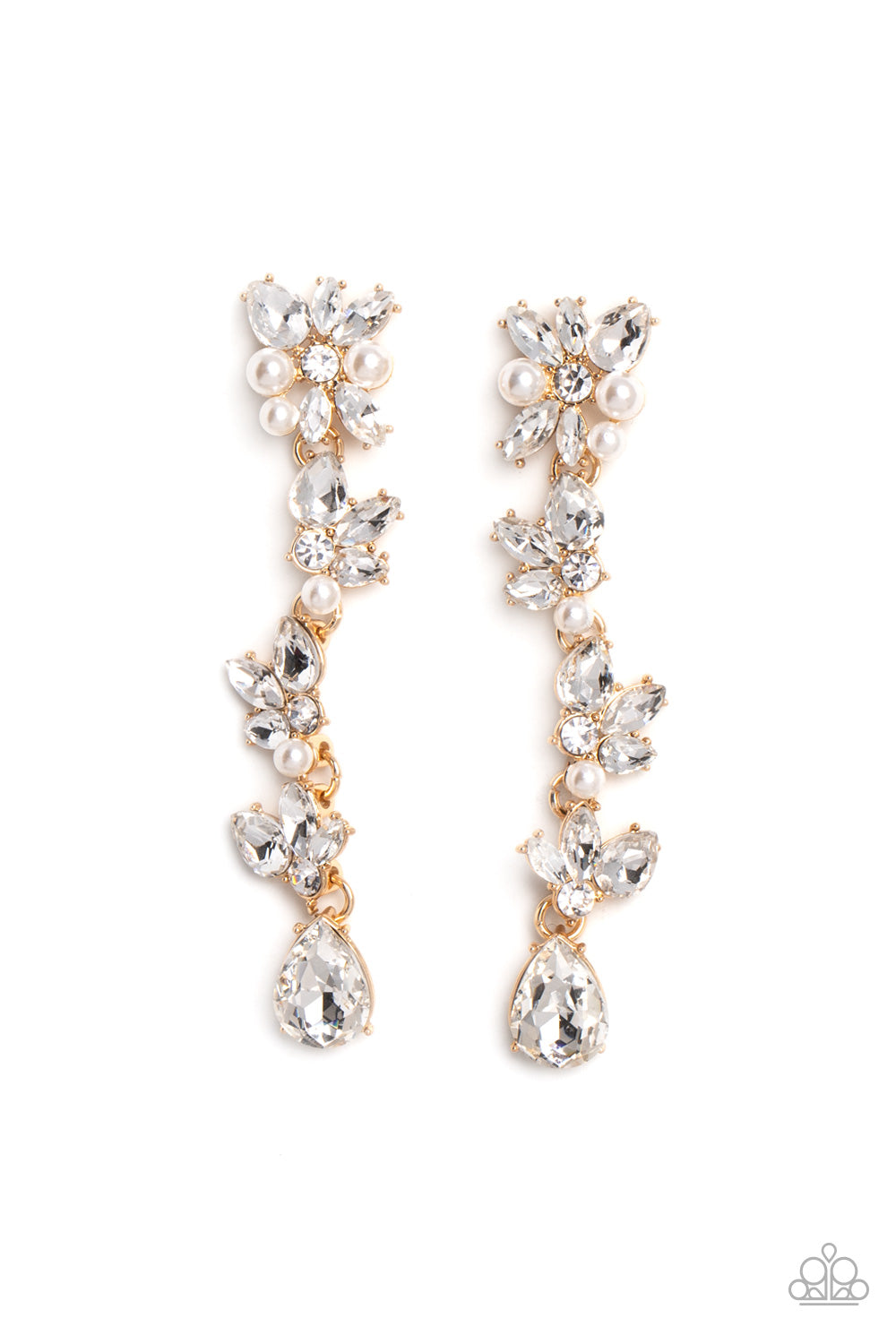 LIGHT at the Opera - Gold with Pearl and Rhinestone Post Drop Earrings