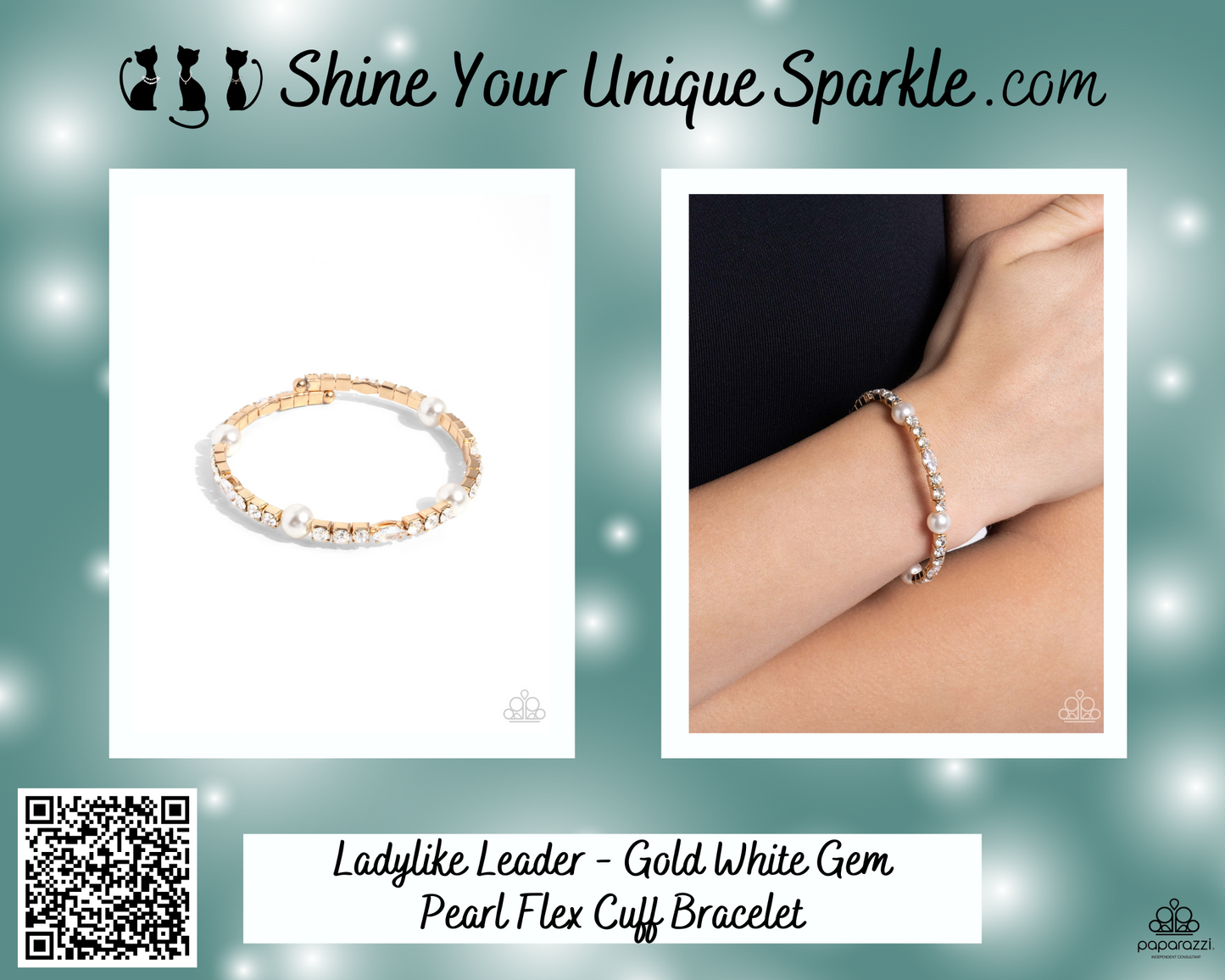 Ladylike Leader - Gold White Gem Pearl Flex Cuff Bracelet