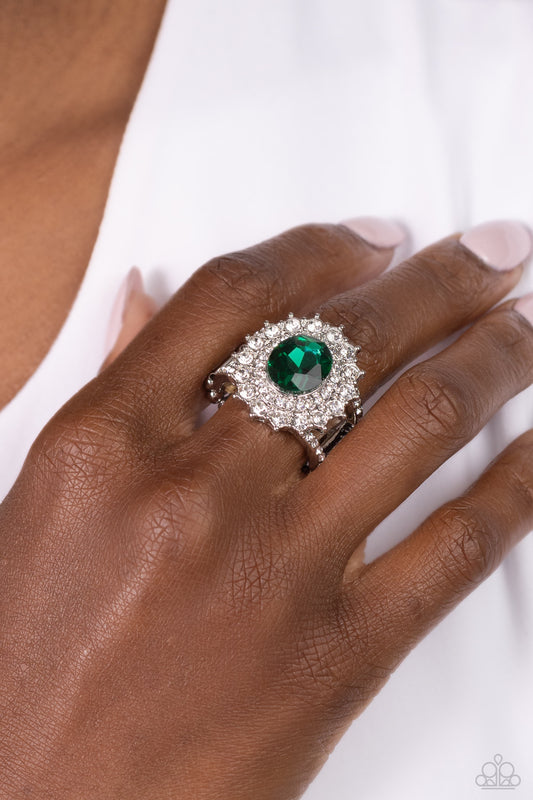 Layered Luminescence - Green Gem White Rhinestone Silver Ring